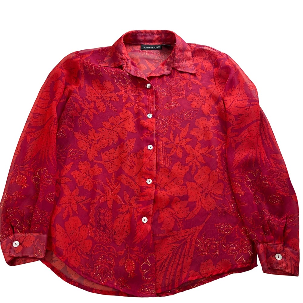 Impressions Red Tropical Floral Sheer Button Down Blouse Long Sleeve S Layer